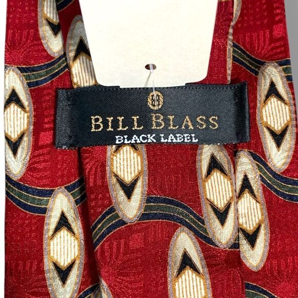 Vintage Bill Blass Black Label Silk Tie Red Geometric Print Deadstock With Tags - Picture 5 of 6